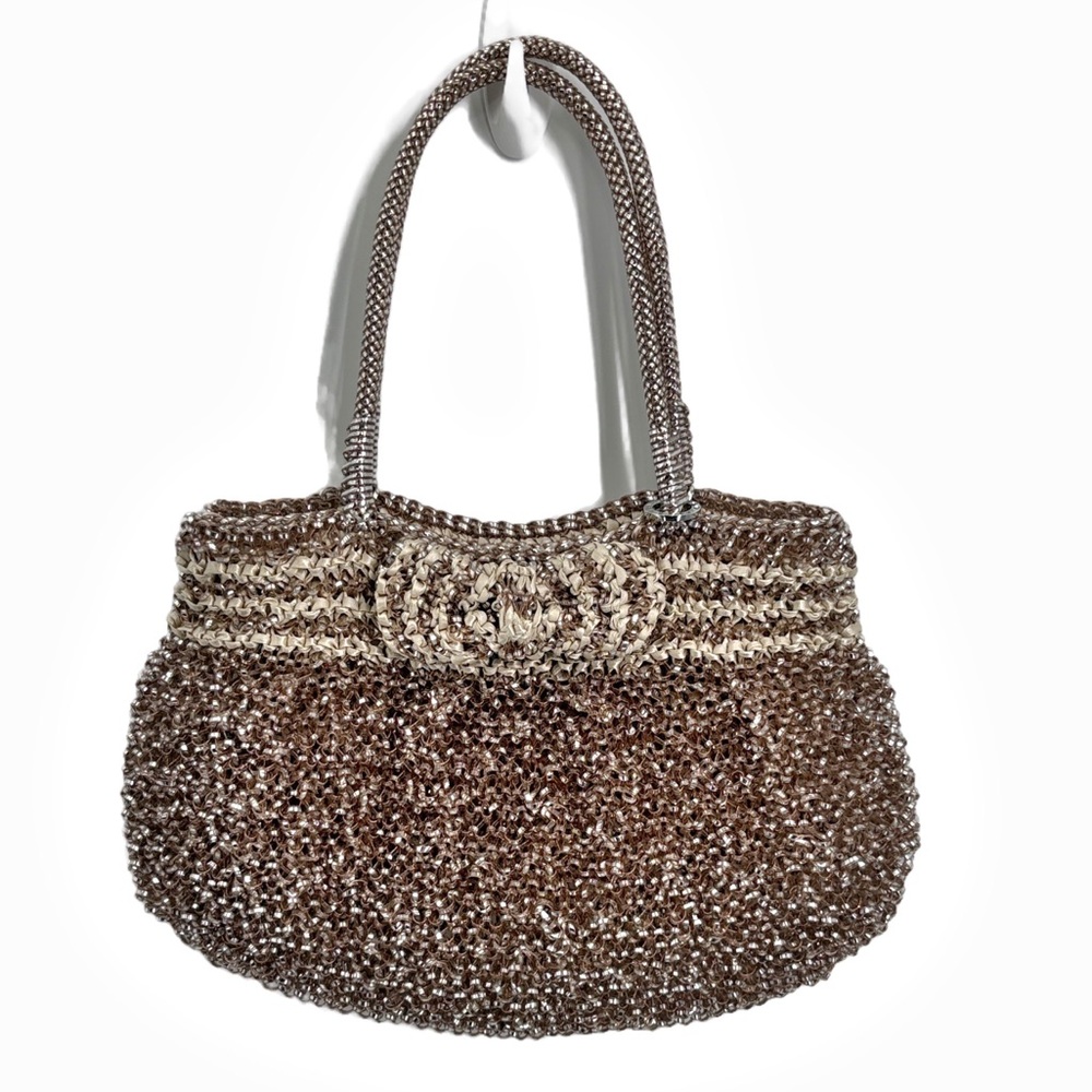 Anteprima Wirebag Champagne Metallic Woven PVC Shoulder Tote Crystal Logo Ring